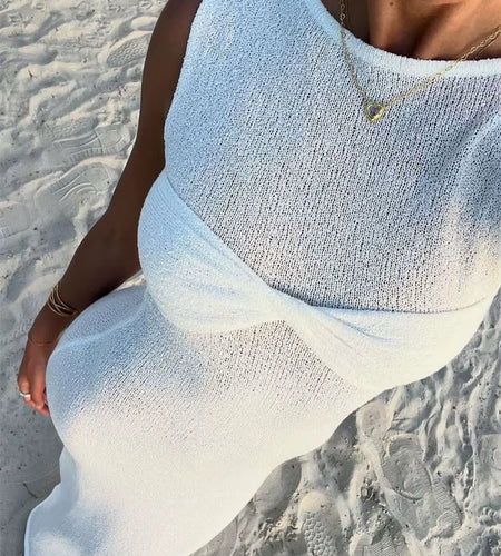 Summer Beach Knit Maxi Dress for Women Cover-Up Pink Sleeveless Twist Sundress Knitwear See-Through Maxi Bodycon Dress New