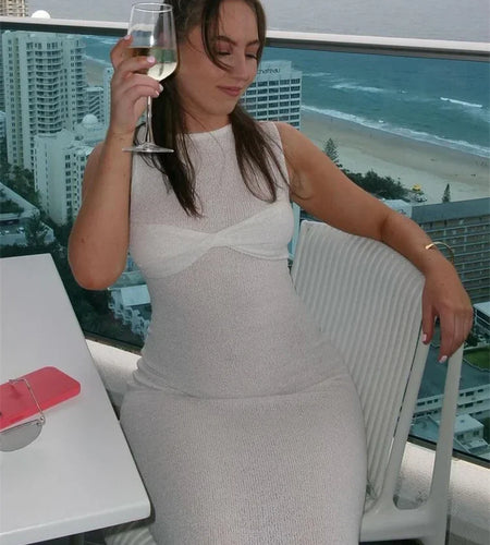 Summer Beach Knit Maxi Dress for Women Cover-Up Pink Sleeveless Twist Sundress Knitwear See-Through Maxi Bodycon Dress New